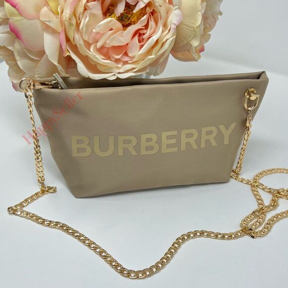 Burberry Pouch Crossbody Purse Cosmetic Organizer Tan Gold Makeup Case Dopp Kit - Picture 9 of 12